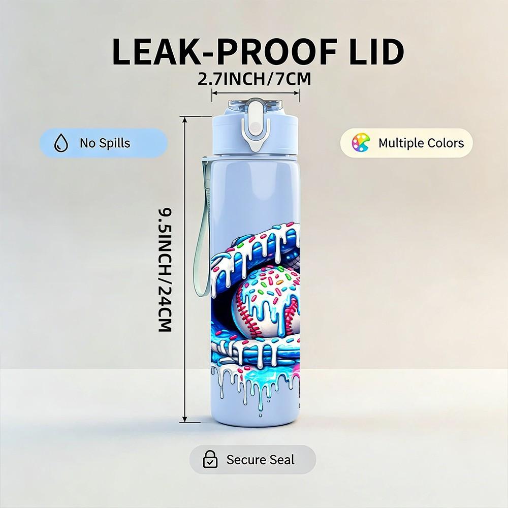 1PC Abstract Baseball Ball Graffiti Print 750ml Color Plastic Sports Water Bottle Leakproof Flip Straw Lid Suitable for Sports Office Home Use