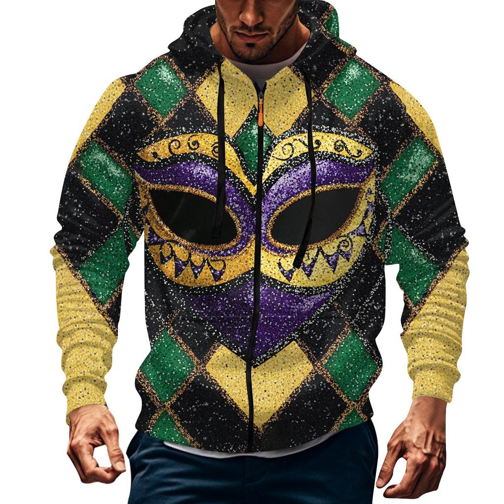 Men's Sports Casual Fleece Hoodie Carnival Print Hoodie Cardigan Zipper Multi-pocket Hoodie Coat