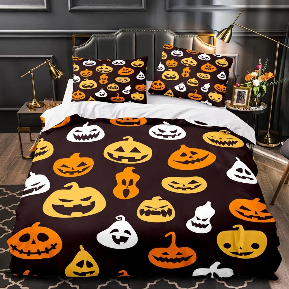 3D Print Halloween Bedding Set, Halloween Cartoon Jack O' Lantern Tombstone Skulls And Bones 2-3Pcs Polyester Duvet Cover Set
