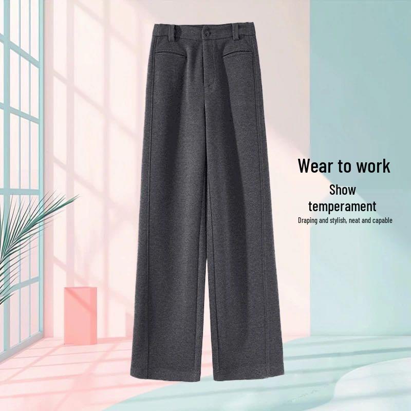 Women's High-Waist Gray Woolen Wide-Leg Pants - Fleece-Lined for Autumn/Winter, Thickened Drape, Narrow Straight-Leg Design