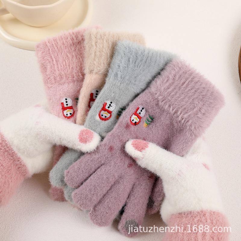 Christmas Atmosphere Can Be Cute Snowman Embroidered Plush Gloves Women's Winter Plush Thermal Gloves