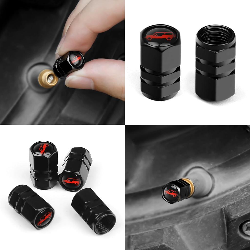 4PCS Car Tire Valve Stem Caps for Jeep Wrangler Accessories Aluminum Alloy Wheel Valve Covers Air Cap Cover Leak-Proof Tire Air Cap Set (Red)