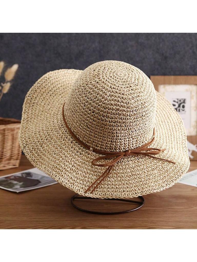 Boho Women Straw Sun Hat With Wide Brim And Bow For Beach Outdoor Summer