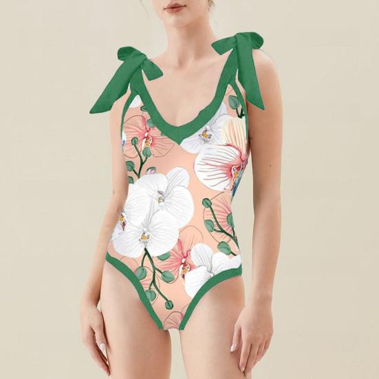 

Yousheng 2Pcs/Set Deep V-neck Backless Padded Wire Free Women Monokini Side Lace-up Flower Print One-piece Bikini Cover Up Skirt Beachwear