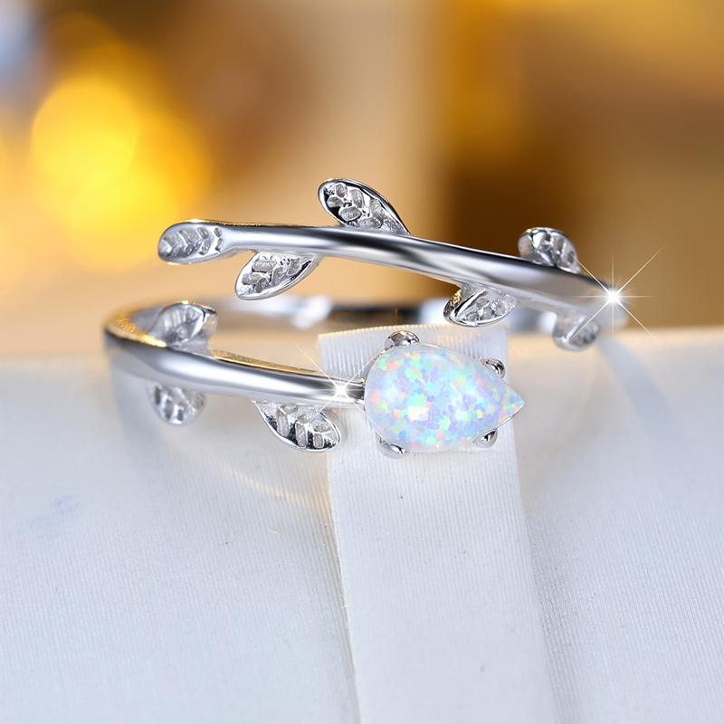 925 Sterling Silver Leaf Shape Elegant White Opal Ring for Women Adjustable Opening Ring Luxury Wedding Jewelry Gift