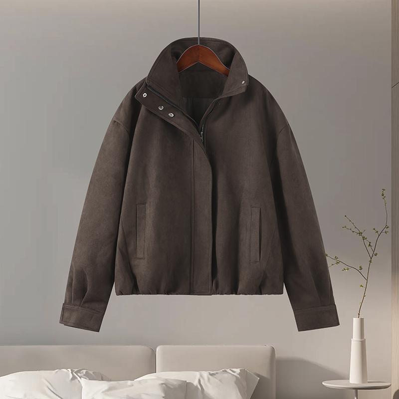 Stand Up Collar Suede Windproof and Warm Brown Jacket Zipper Long Sleeve Women's Jacket Retro Streetwear Autumn and Winter