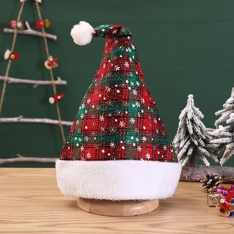 Red & Black Plaid Snowflake Santa Hat with Large Pom-Pom - New Christmas Decorations Set
