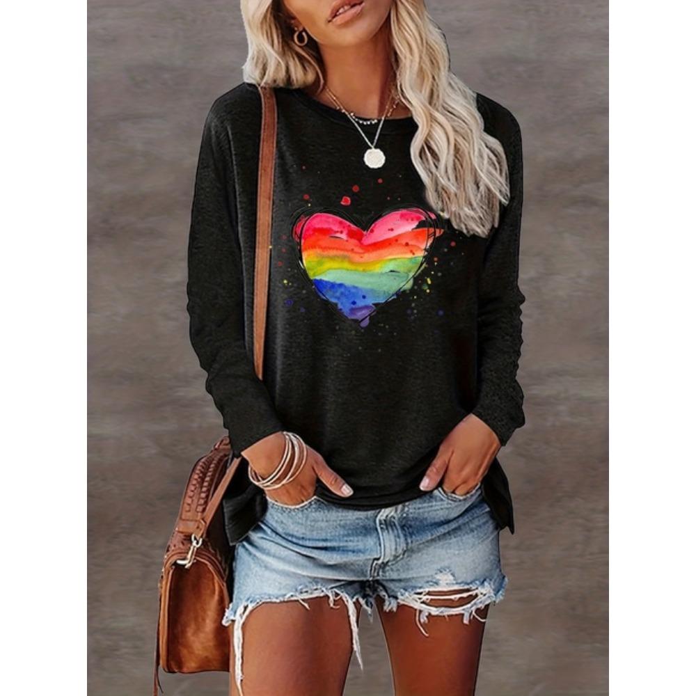 

Радужные цвета сердечный принт женская футболка графические рубашки блузка с длинным рукавом укороченный топ женская одежда больших размеров женская XL
