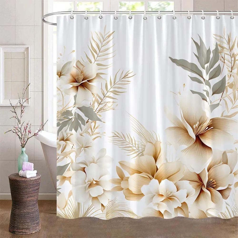 Boho Leaves Shower Curtain Tan Leaf With Floral Decorative Bath Curtain Polyester Fabric Waterproof Bathroom Curtain With Hooks