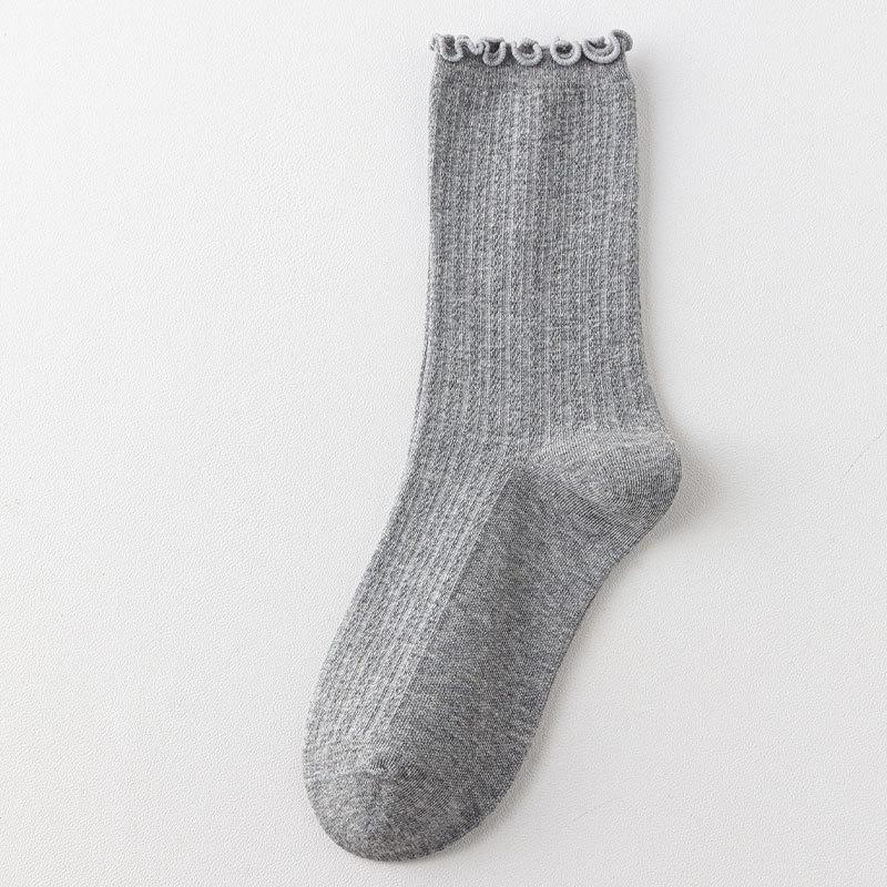 Ladies Spring and Autumn Solid Color Fungus Lace Boneless Medium Tube Pile Cotton Socks