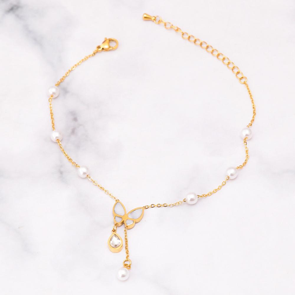 

Корейская версия жемчужной цепочки, браслет с каплей воды, циркон, кисточка, белая ракушка, бабочка, титановая сталь, невыцветающий универсальный браслет, ювелирные изделия золотой