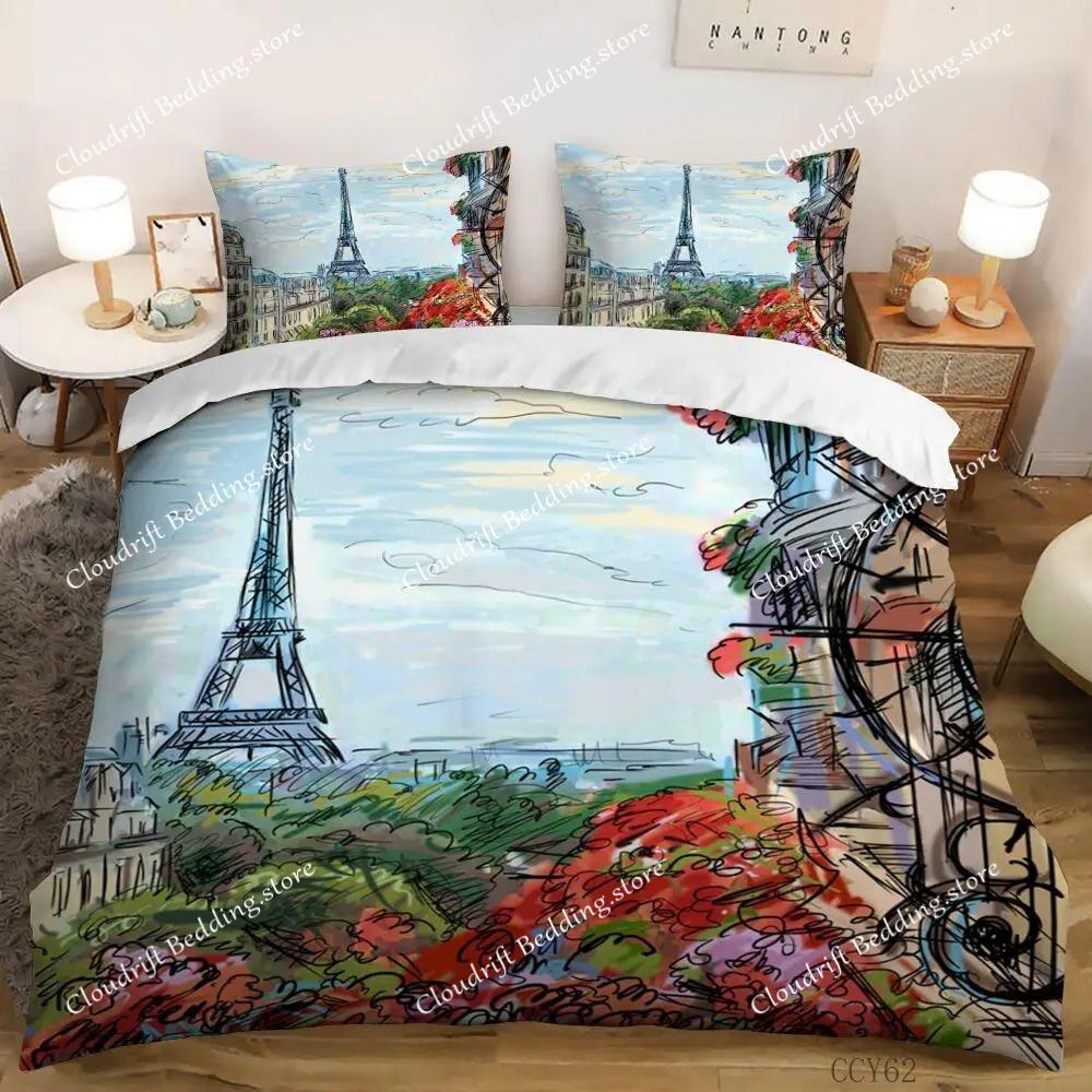 Eiffelturm Bettwäscheset Queen-Size Paar Valentinstag Bettbezugset für Frauen Romantisches Paris Bettbezug Raumdeko