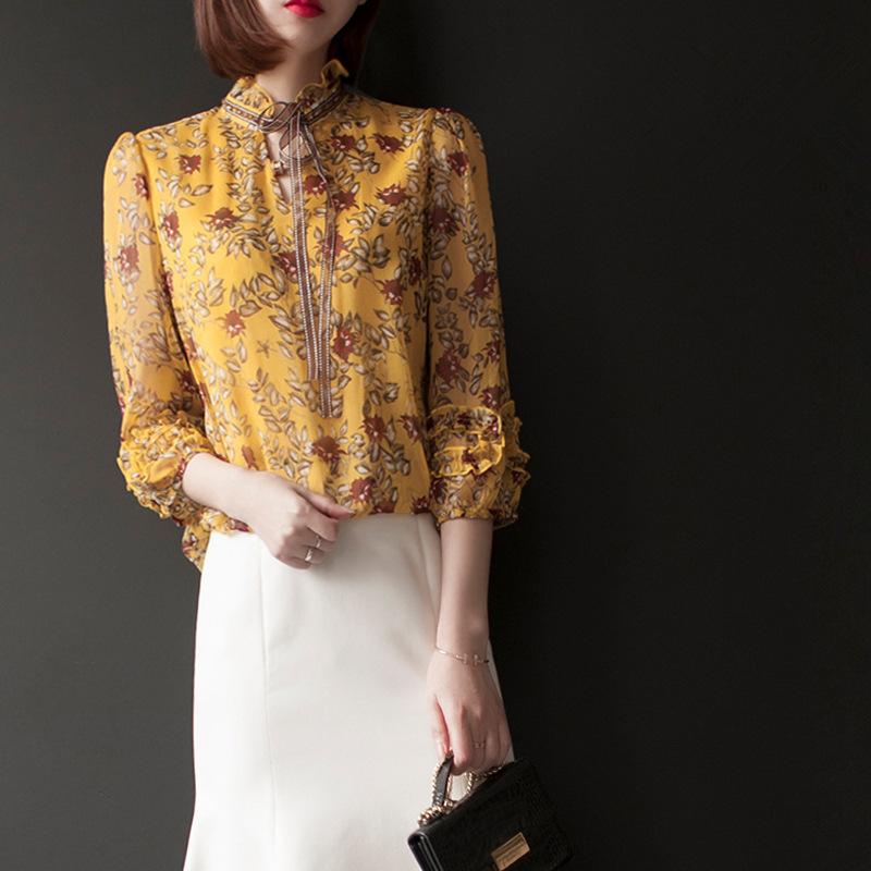 

Модная рубашка для женщин, новый стиль для весны и осени, рубашка с длинными рукавами-фонариками для ношения под низ, женский облегающий топ, рубашка с цветочным принтом 3XL жёлтый