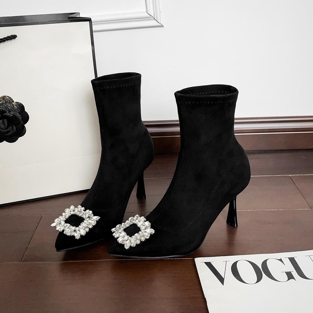 2025 Autumn and Winter New Elastic Boots Temperament Versatile Models Pointed Thin Heels Thin Boots Fashion Heels Colorful Rhinestone Buckle