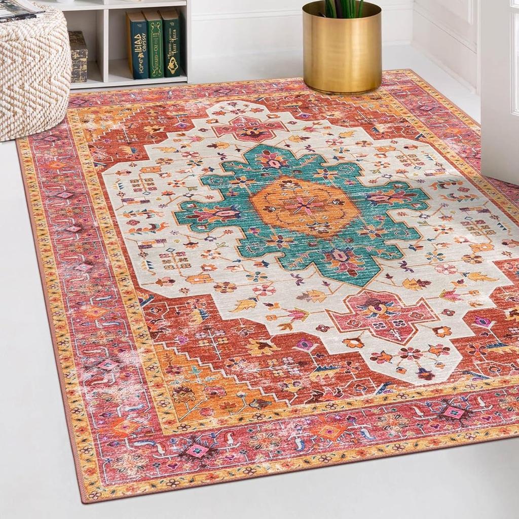 Vintage Medallion Small Rug with Non-Slip Backing Soft and Stain Resistant Non-Shedding Low Plush Floor Rug Pad