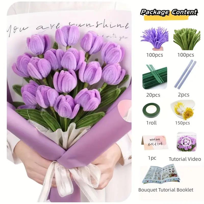 Chenille Stem Tulip Bouquet Kit, DIY Pipe Cleaner Flowers Craft, Creative Gift for Mom Wife Girlfriend