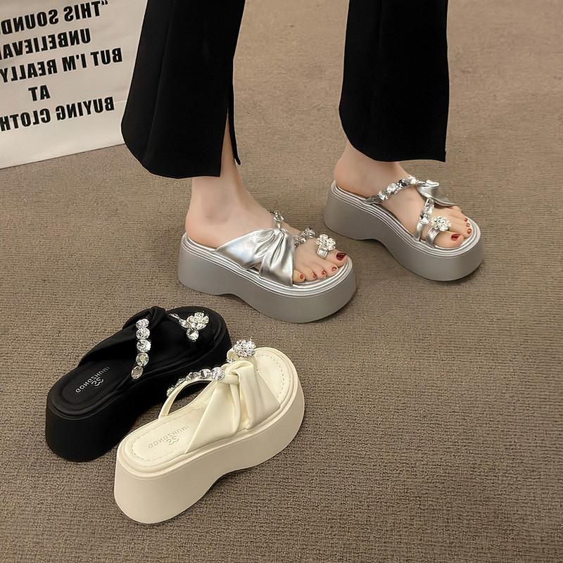 Stylish Silver Thick-soled Women's Sandals With Rhinestones For Summer Comfort
