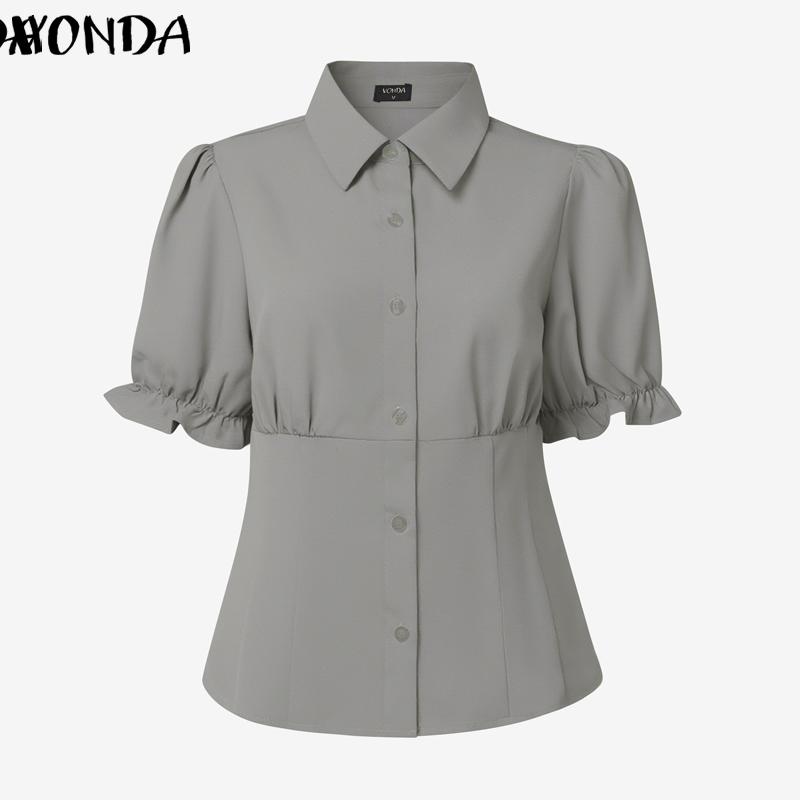 VONDA Women Turn-down Collar Short Sleeve Slim Waist Casual Short Blouse
