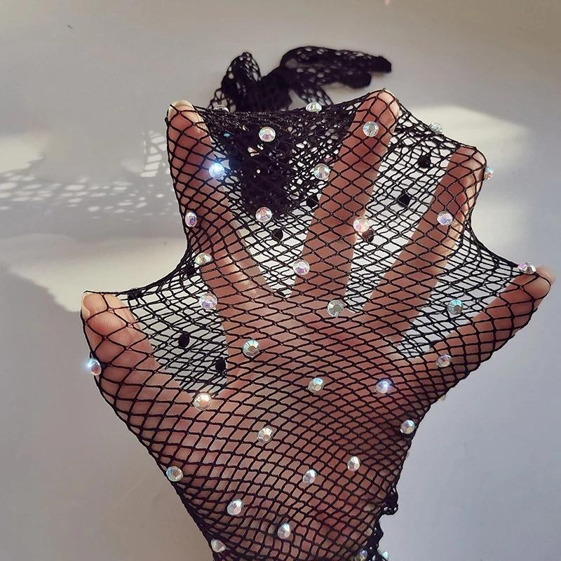 Sexy Netzhandschuhe für Damen, dünnes, hohles, glitzerndes Bohrmuster, Ballsaal, Pole Dance, Halloween, Rollenspiel-Accessoires