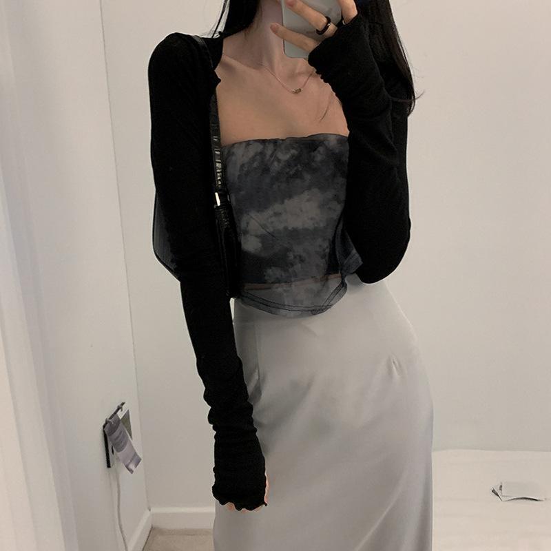 

Женский болеро с длинным рукавом и отверстием для большого пальца, однотонный укороченный кардиган с открытым передом, облегающий облегающий жакет с солнцезащитным экраном One Size чёрный