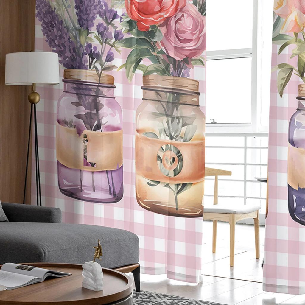 Valentine'S Day Floral Plaid Tulle Curtains For Living Room Sheer Curtain For Bedroom Kitchen Blinds Voile Curtains