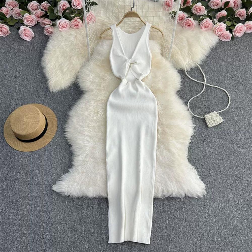 Vestido de Punto Minimalista sin Espalda para Mujer Verano SSólido de Punto sin Mangas Ajustado sin Mangas Sexy Bodycon Vestido Camiseta