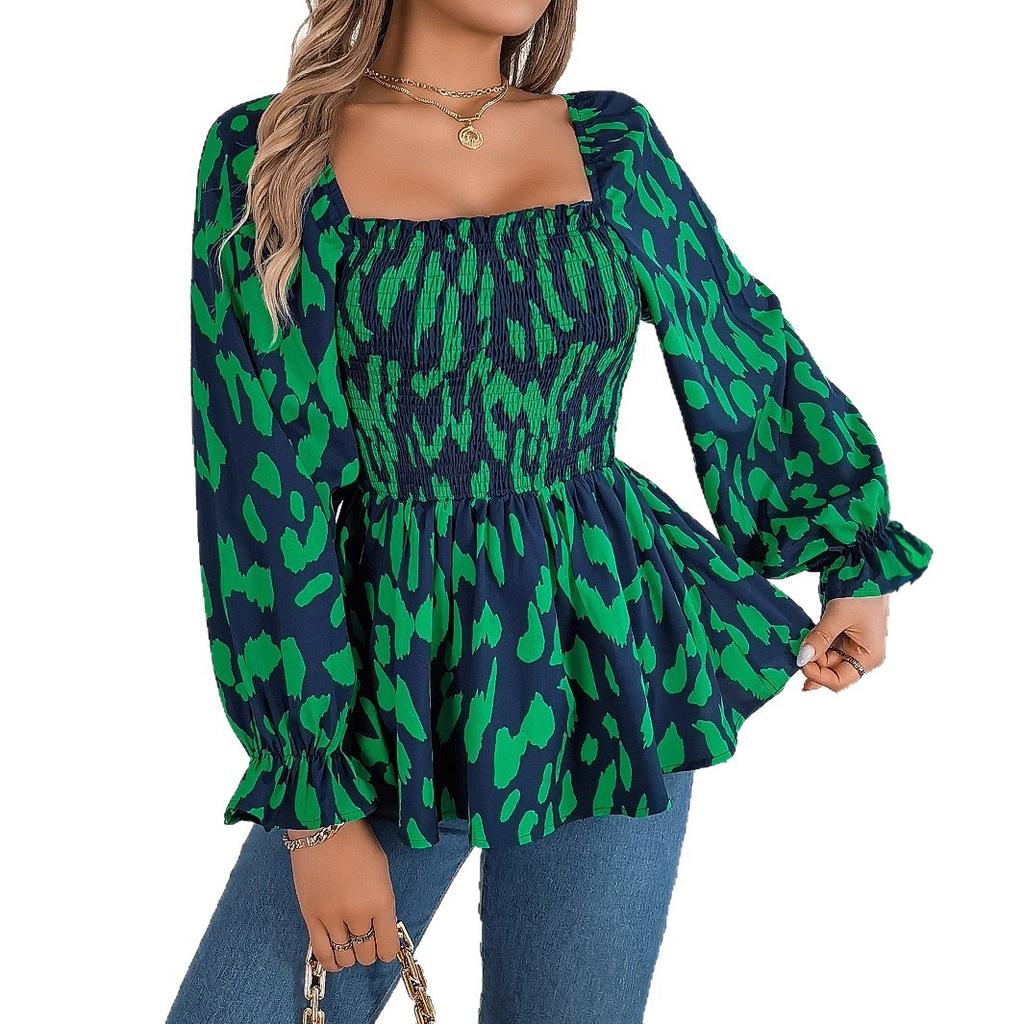 HNXC Autumn and Winter Casual Black Ear-trimmed Square Neck Leopard Print Long-sleeved Chiffon Blouse for Women