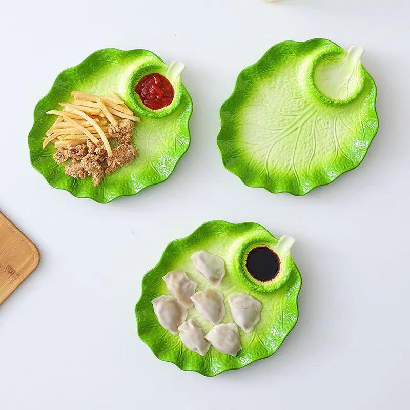 Ceramic Cabbage Dumpling Plate with Vinegar Dish