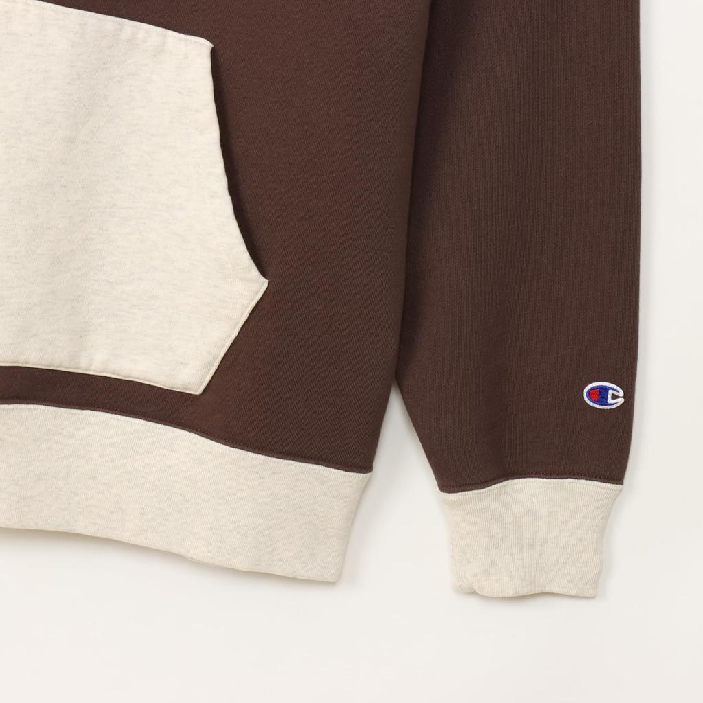 Long Brushed One Point Logo Hooded Brown [Champion] Sweatshirt, Sleeve, 100% Cotton, Lining, RelaxFit, Embroidery, Sweatshirt, Men's Casual, C3-A102