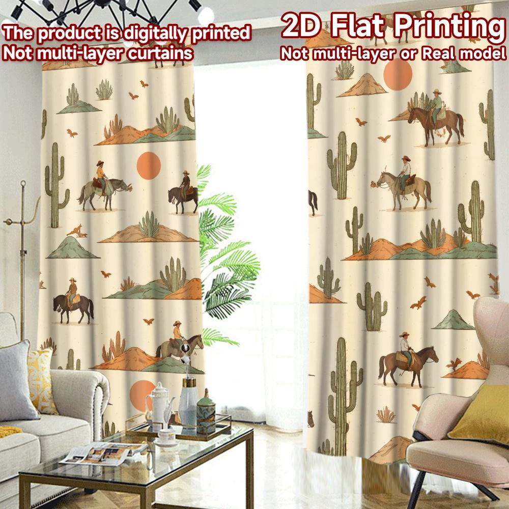 2D FLAT PRINTING 2pcs Curtains (Without Rod) Desert Cowboys and Cacti Popular Curtains&Window Treatment Yarn Curtains