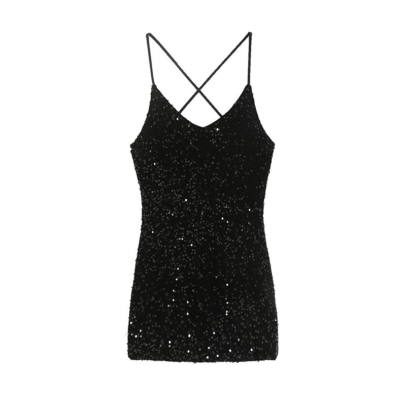 

Kaslead New Arrival Women s Clothing Fashion Style Fashion Slim Fit Slimming Beads Decoration Open Back Sling Dress Black L