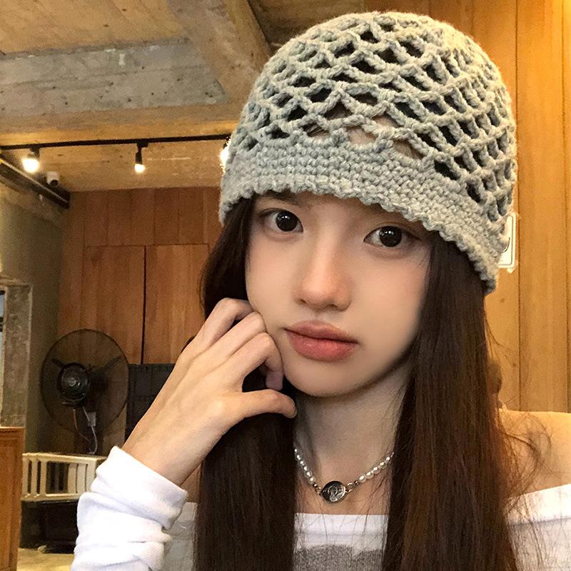 Korean version hollow pattern knitted hat women's fashion versatile atmosphere wool hat handmade crochet bag head cold hat