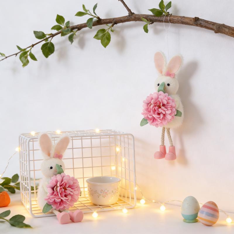 Easter Bunny Decor Cute Rabbit With Flower Hanging Ornaments For Tabletop Mantel Holiday Home Party Table Decorations Gift