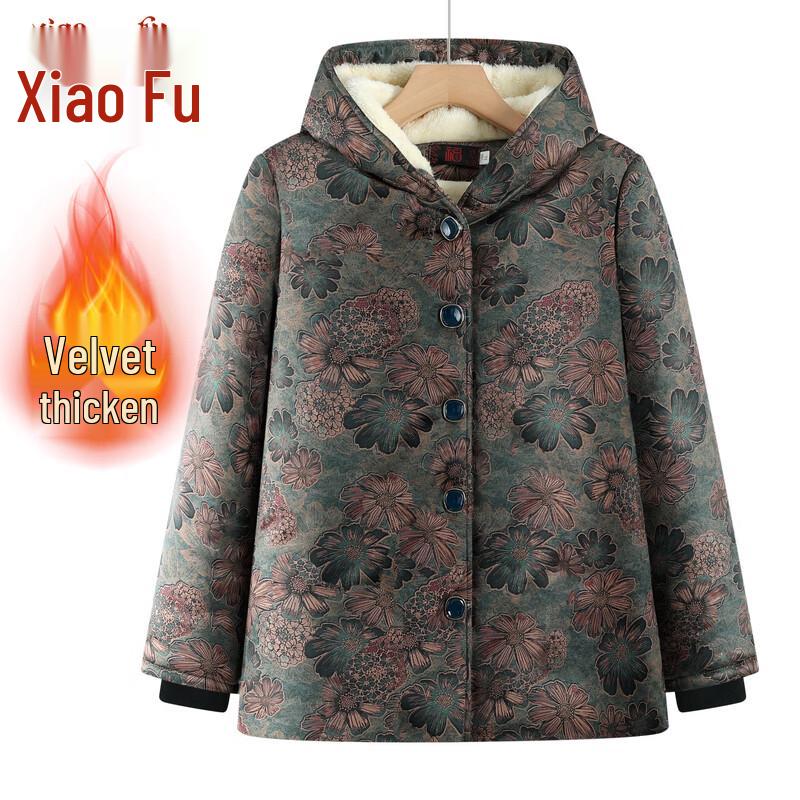 Elderly Women's Floral Hooded Winter Padded Jacket