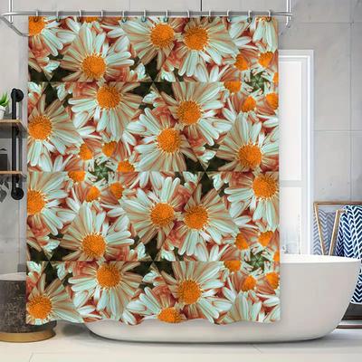 Floral Print Shower Curtain Waterproof Fabric Bathroom Decor For Home Decoration White Orange Flowers Pattern, Size180X240Cm (70