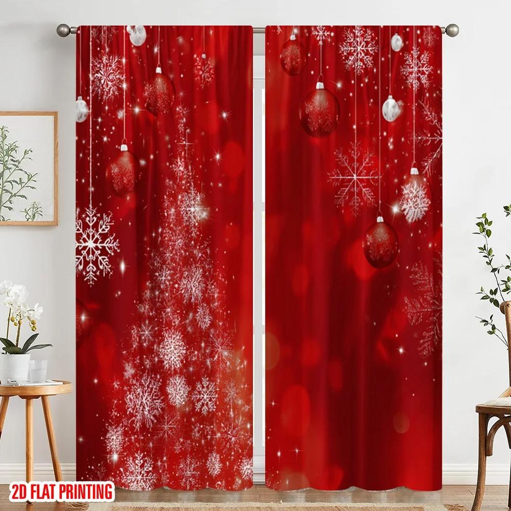 Plane Printing Curtain Popular Xmas Ball Glitter Sparkle Snow Durable Polyester Without Rod Art Deco Festive Use Curtains Set Of 2 Made