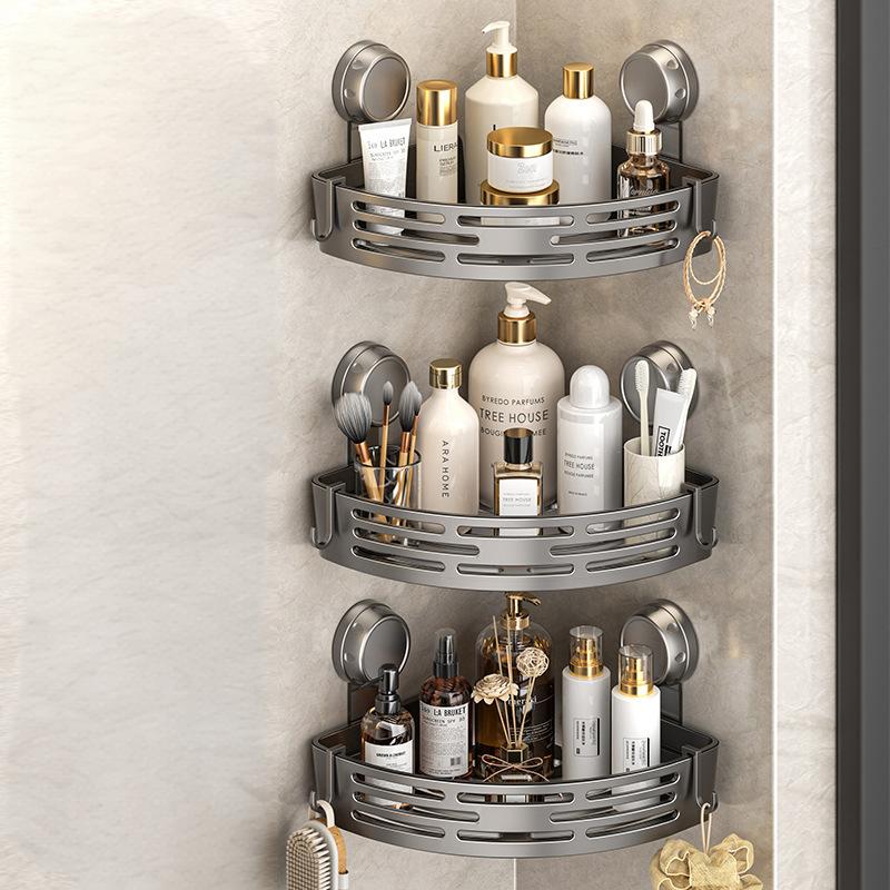 

No Drill 3-Tier Corner Shower Caddy, Strong Suction Cup Shelf with Towel Bar & Hooks - Spacious Bathroom Organizer