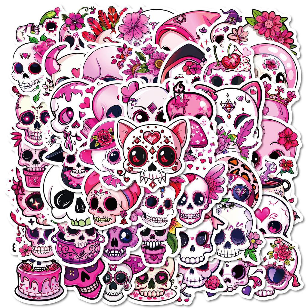 50 Gothic Creative Trend Pink Skull Stickers DIY Handbook Materials Halloween Party Decoration Graffiti