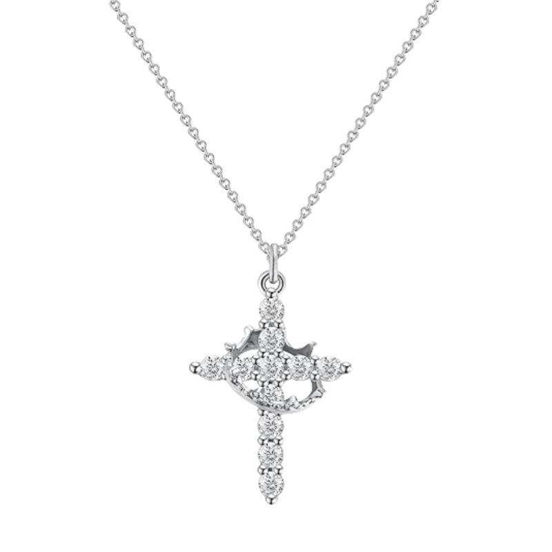 14K Gold-Plated Crown Cross Necklace with Diamonds for Women