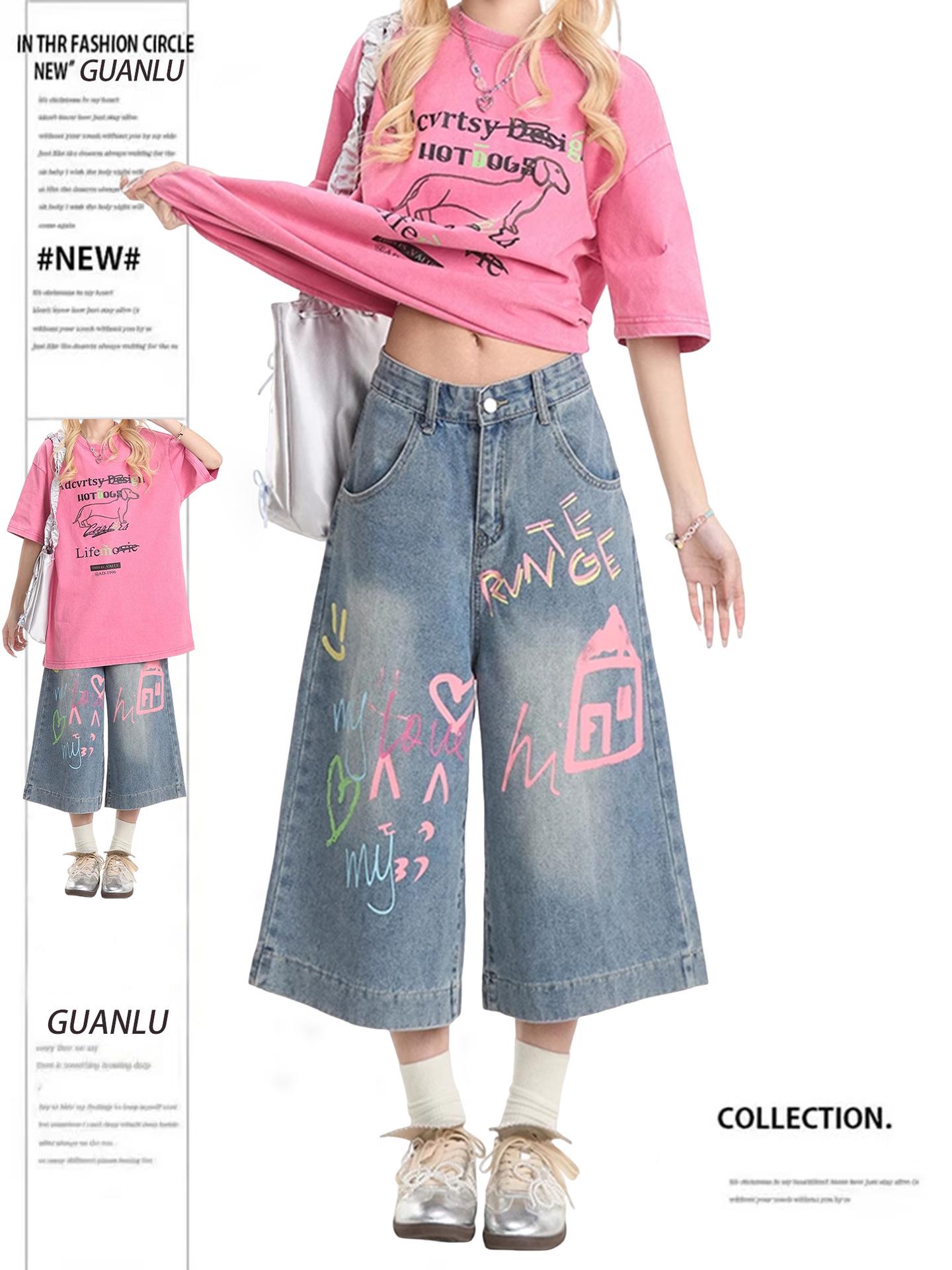 

Женские американские ретро джинсы-капри широкого кроя с граффити (Лето 2025 г.) Extra Large светло-синий