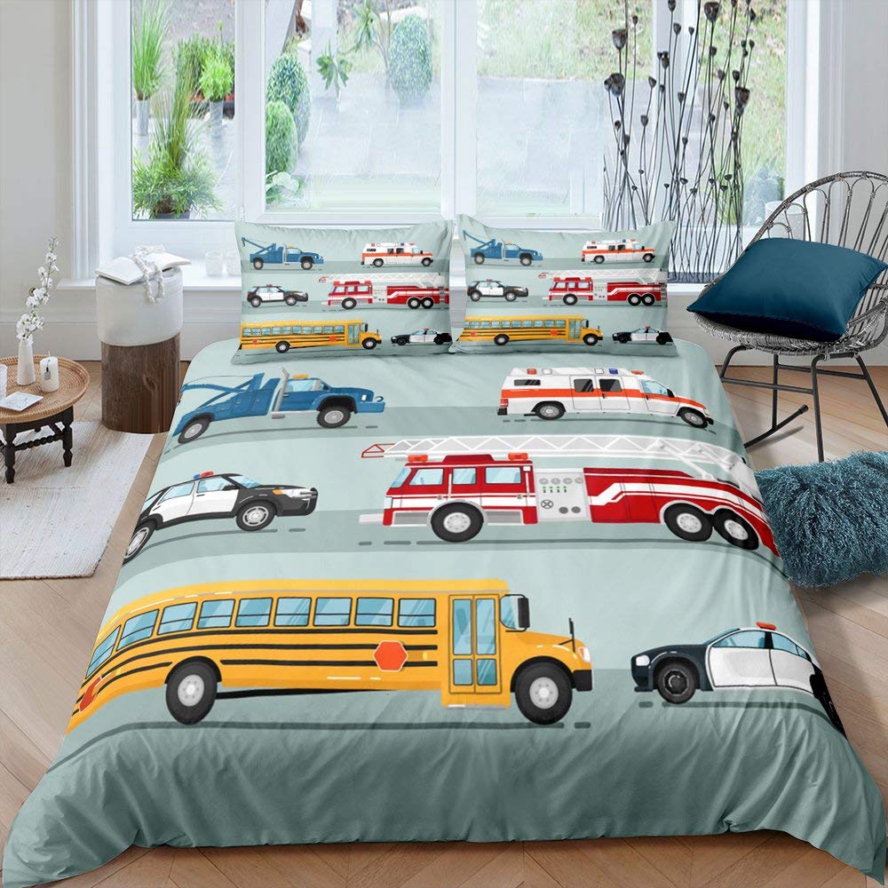 Ambulance Car King Queen Duvet Cover White Cartoon Medical Car Bedding Set For Kid Hospital Rescue Vehicle Polyester Quilt Cover