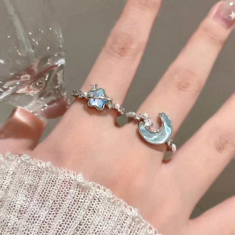 New Blue Planet Star Moon Rings for Women Zircon Rhinestone Pearl Open Finger Rings Sweet Party Y2K Jewelry 2000S Girls Gifts