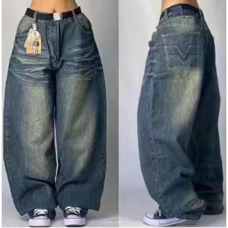 Mens Relaxed Fit Straight Leg Denim Pants With Vintage Embroidery Print Hip Hop Streetwear Harajuku Style