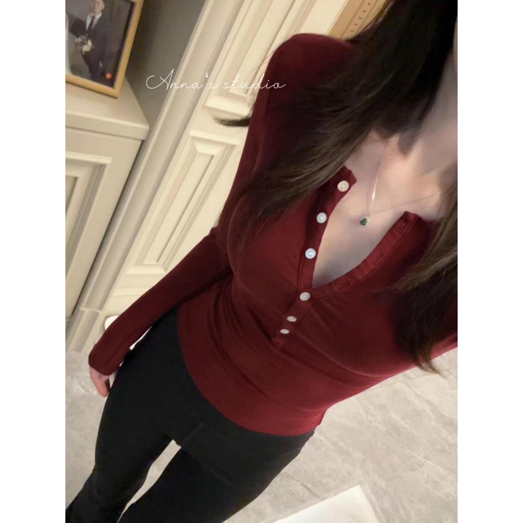 Women's Slimming Henley Neck Imitation Cashmere Long Sleeve T-shirt for Autumn Winter