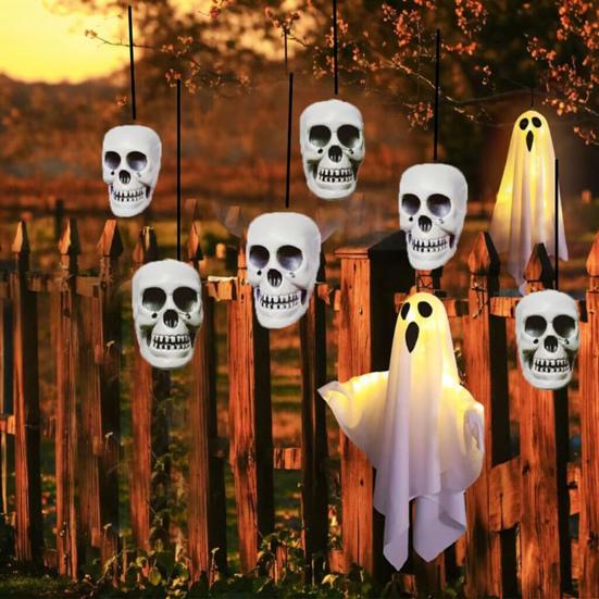 Halloween Hanging Skull Decoration Realistic Plastic Human Head Prop Spooky Skeleton Head Ornament with Lanyard for Home Party Haunted House Decor