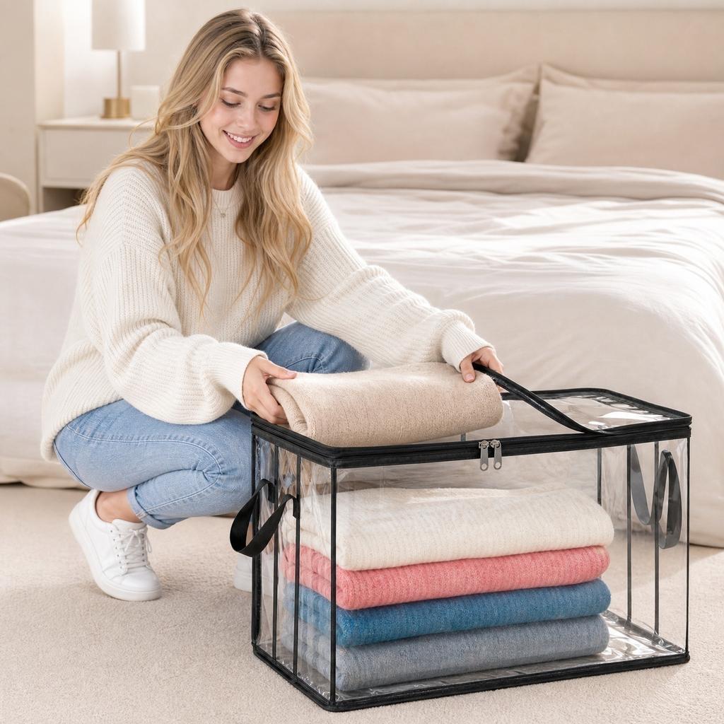 Large Thick Transparent Plastic Storage Bags with Zipper and Handles for Clothing Moving Packing Box Dormitory Closet Organizer Cover
