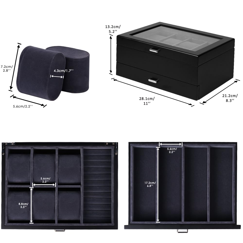 Baskiss Luxury Wooden Watch and Jewelry Storage Holds 6 4 and Collectible 2-Layer Case, Watch, Eyeglasses, Box, Watches, Sunglasses, Accessories,