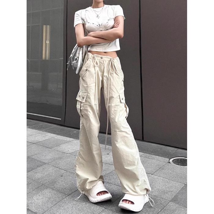 High Waist Women's Straight Leg Parachute Pants with Drawstring - 2025 Casual Niche Design