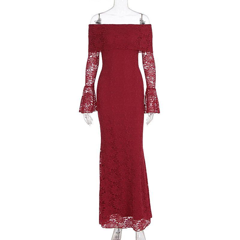 Женское длинное платье для трансграничной внешней торговли, бестселлер Amazon, сексуальное кружевное платье-халат с одним плечом и длинными рукавами Red L