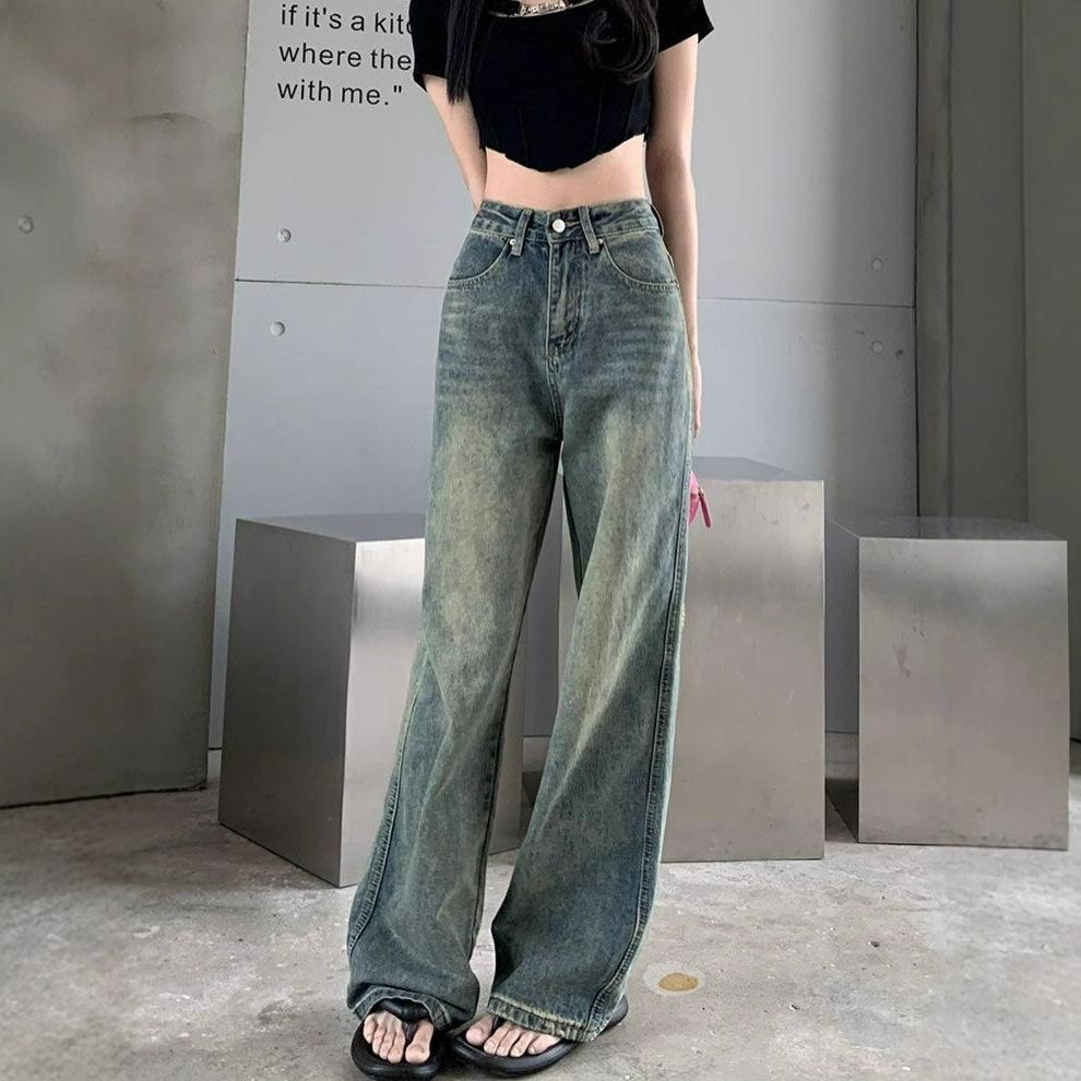 Washed Vintage Wide-legged Jeans Women's High-waisted Do The Old Loose Straight Draping Skinny Dragging Pants Retro Baggy Long Jeans for Ladies